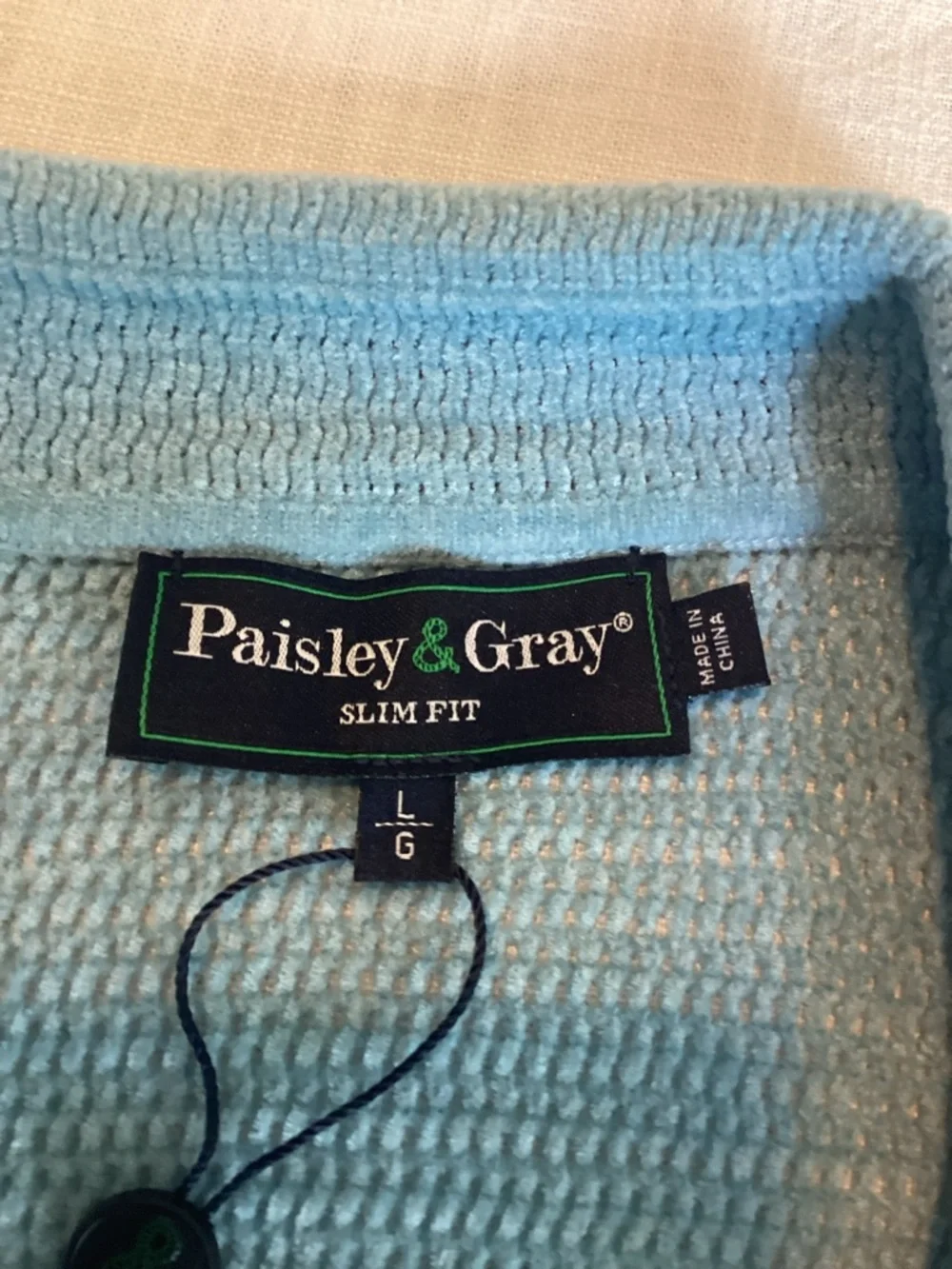 Paisley & Gray Men’s Large Open Knit Johnny Collar Polo Light Blue Chenille NWT